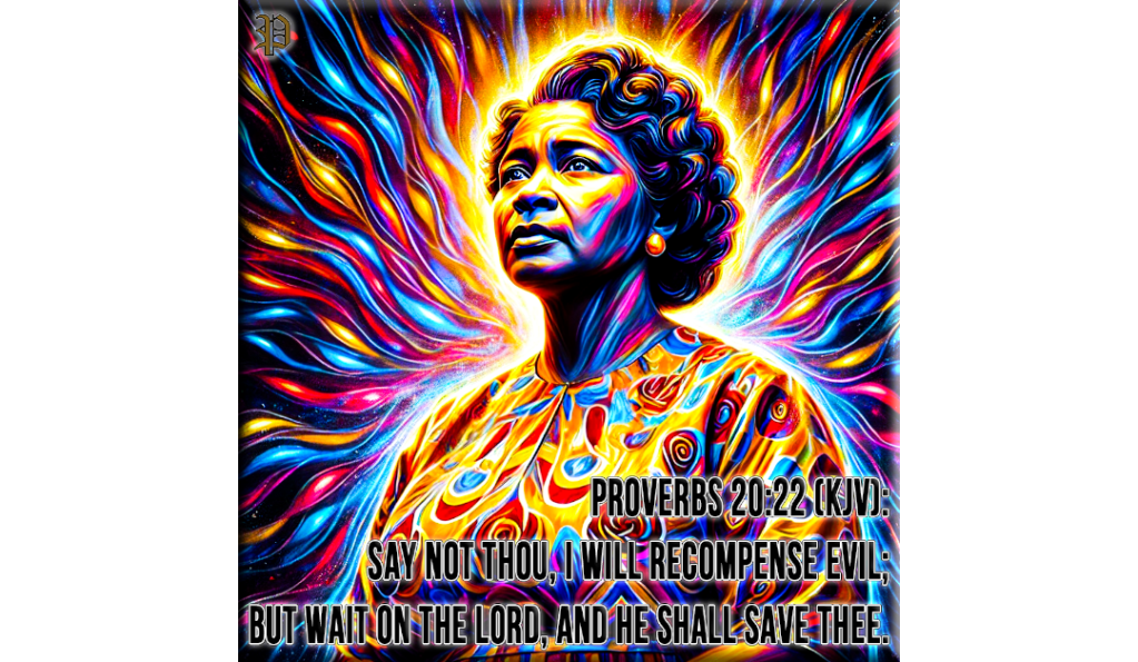 Colorful portrait of civil rights activist Fannie Lou Hamer with radiant, swirling abstract colors in the background, accompanied by the Bible verse Proverbs 20:22 (KJV) about waiting on the Lord for justice.