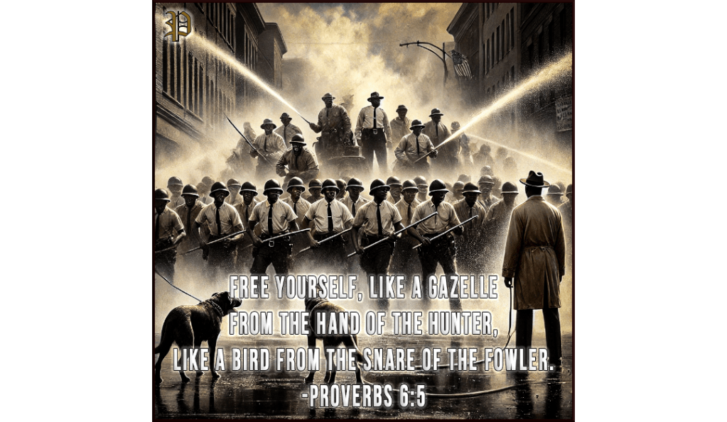 A digitally enhanced image portraying a powerful scene from the Civil Rights Movement, where Black activists stand firm against oppression, facing high-pressure water hoses and police dogs. The image symbolizes resilience, strength, and the struggle for justice, with a verse from Proverbs 6:5 overlayed in bold text.