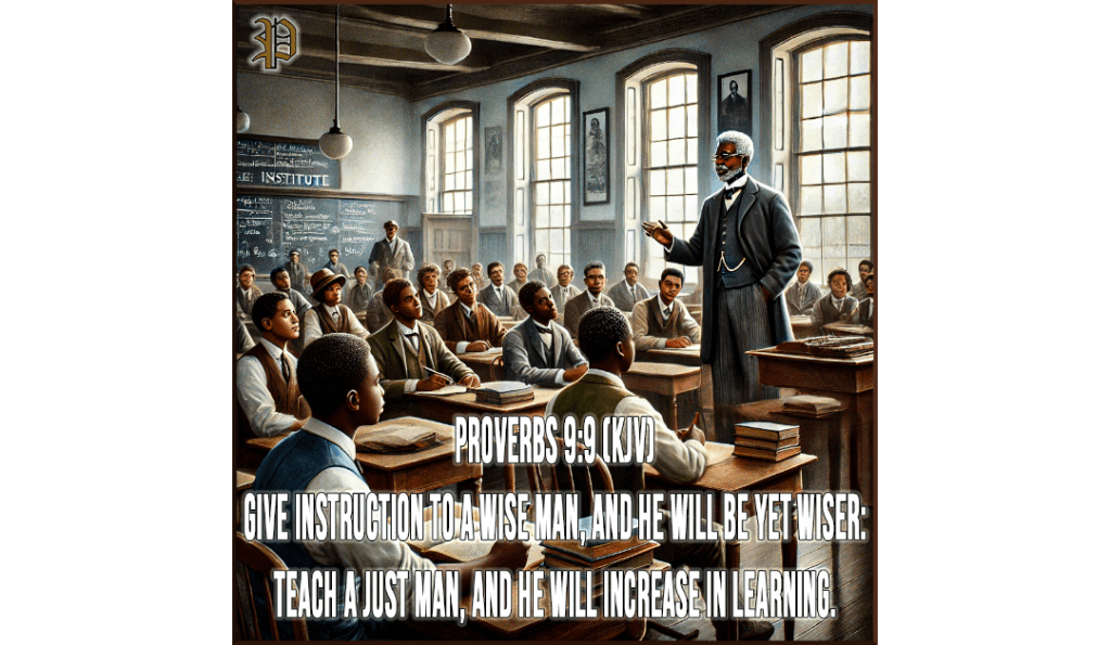 A historical painting-style image of Booker T. Washington teaching a classroom of African American students at the Tuskegee Institute. The students are attentively listening, engaging in learning. The quote from Proverbs 9:9 is overlaid on the image, reinforcing the theme of wisdom and education.