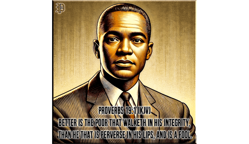 Portrait of James Farmer, leader of the Civil Rights Movement, with Proverbs 19:1 (KJV) displayed, emphasizing integrity and righteousness.