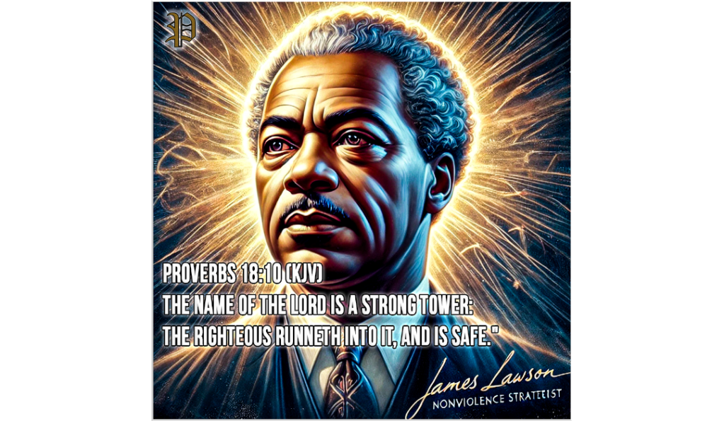 A majestic digital portrait of James Lawson, illuminated with a golden aura, representing his wisdom, leadership, and faith in God. The image includes Proverbs 18:10 (KJV), emphasizing the Lord as a strong tower of refuge, embodying the spirit of nonviolent resistance and divine protection.