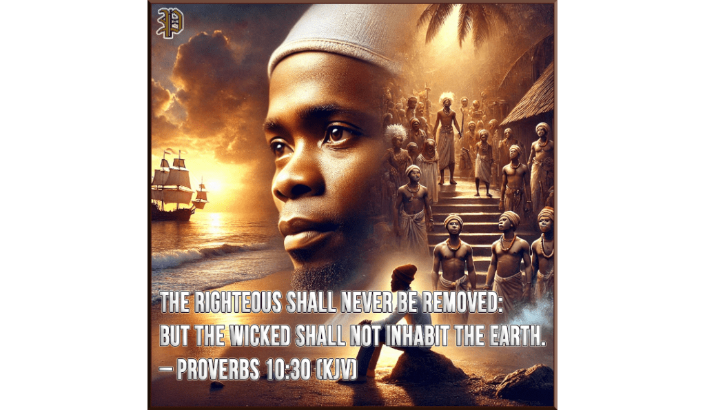 A digital artwork featuring Olaudah Equiano in deep thought, recalling the history of his people. Behind him, a memory scene of Igbo captives walking toward the ocean under a golden sunset, symbolizing faith, resilience, and the enduring legacy of the righteous. The verse Proverbs 10:30 (KJV) is displayed over the image, reinforcing the theme of divine justice.