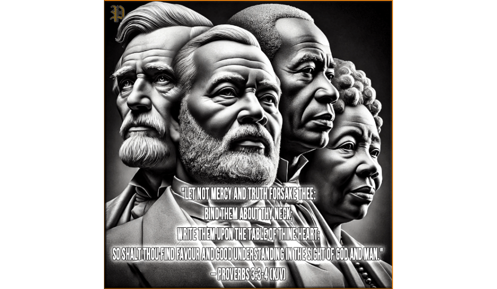 A striking black-and-white digital monument featuring the faces of Ulysses S. Grant, Benjamin F. Butler, Robert Smalls, and Harriet Tubman. The image conveys historical significance and leadership, with Proverbs 3:3-4 (KJV) overlaid, emphasizing mercy, truth, and divine favor.