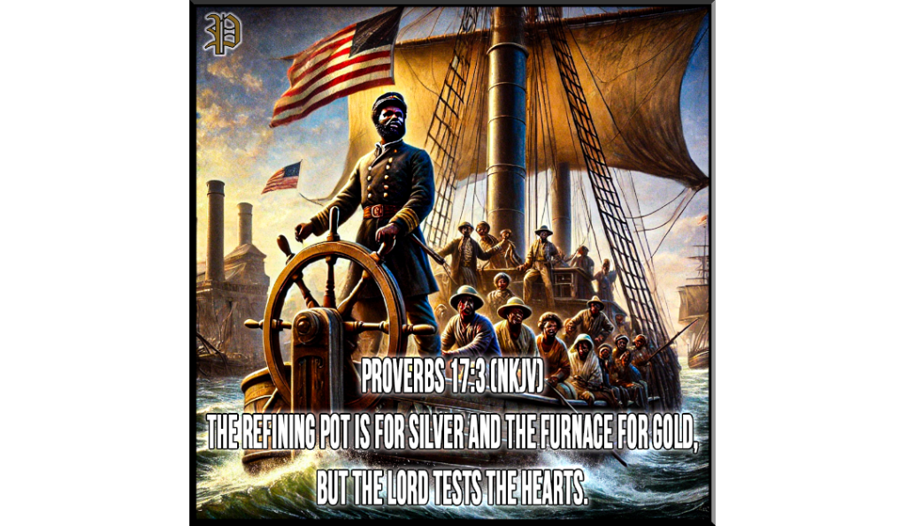 A powerful digital artwork of Robert Smalls, an African American freedom fighter, standing at the helm of The Planter, the Confederate steamship he commandeered to free 16 enslaved people. Smalls, dressed in a captain’s uniform, steers the ship through Charleston Harbor as the American flag waves in the background. The image includes the Bible verse Proverbs 17:3 (NKJV): "The refining pot is for silver and the furnace for gold, but the Lord tests the hearts."