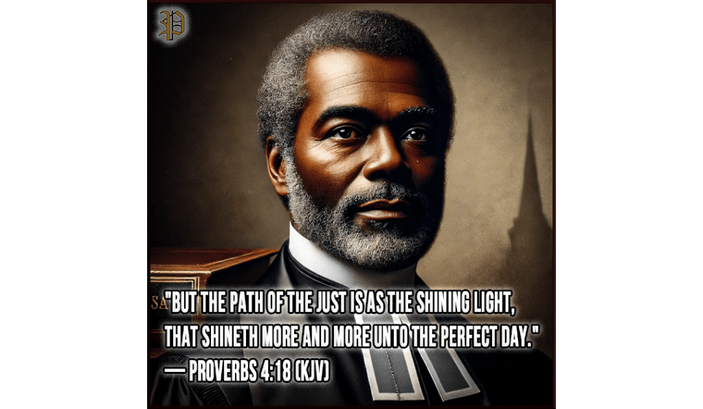 A realistic portrait of Reverend Richard Allen, the founder of the AME Church, dressed in clergy attire with a wise and resolute expression. The image includes the Bible verse Proverbs 4:18.