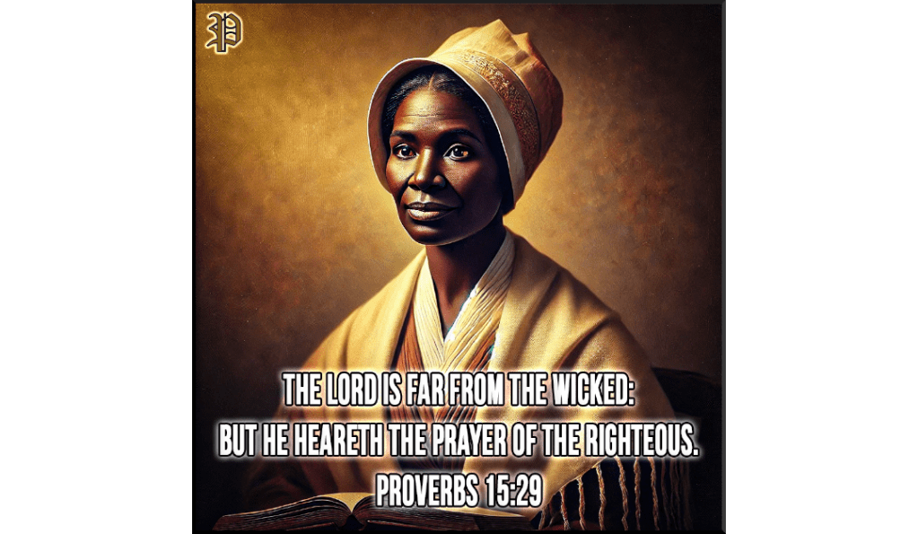 A digitally enhanced portrait of Sojourner Truth, the 19th-century abolitionist and women’s rights activist. She is dressed in a traditional bonnet and shawl, sitting with a book open in front of her, symbolizing wisdom and faith. The image features the verse Proverbs 15:29, emphasizing the power of prayer and righteousness.