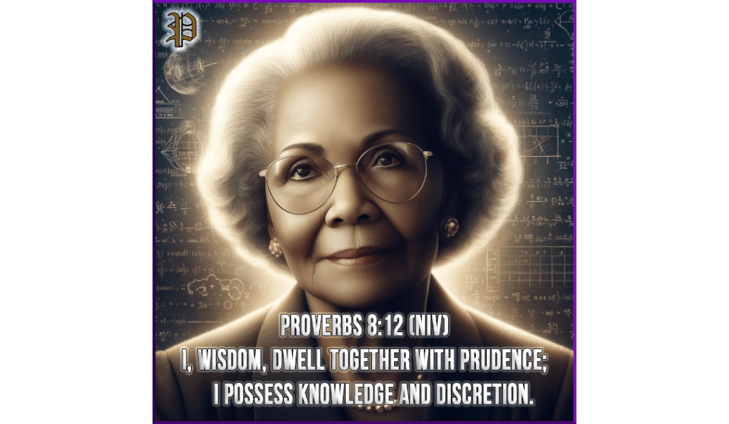 A digitally enhanced portrait of Katherine Johnson, the African American mathematician who played a crucial role at NASA. She is depicted wearing glasses and elegant pearl earrings, with a backdrop of space imagery and mathematical equations. The quote from Proverbs 8:12 (NIV) is overlaid, emphasizing wisdom, prudence, knowledge, and discretion.