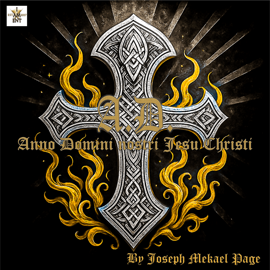 Intricately detailed silver cross with golden flames and radiant beams, featuring the title “Anno Domini nostri Jesu Christi” by Joseph Mekael Page.